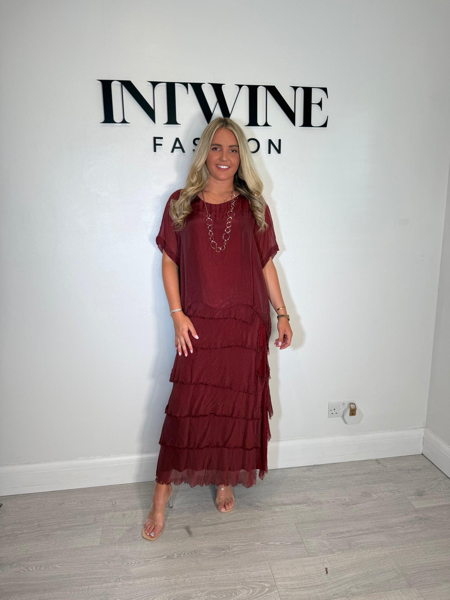 Kerry silk mix ruffle dress with blouson top