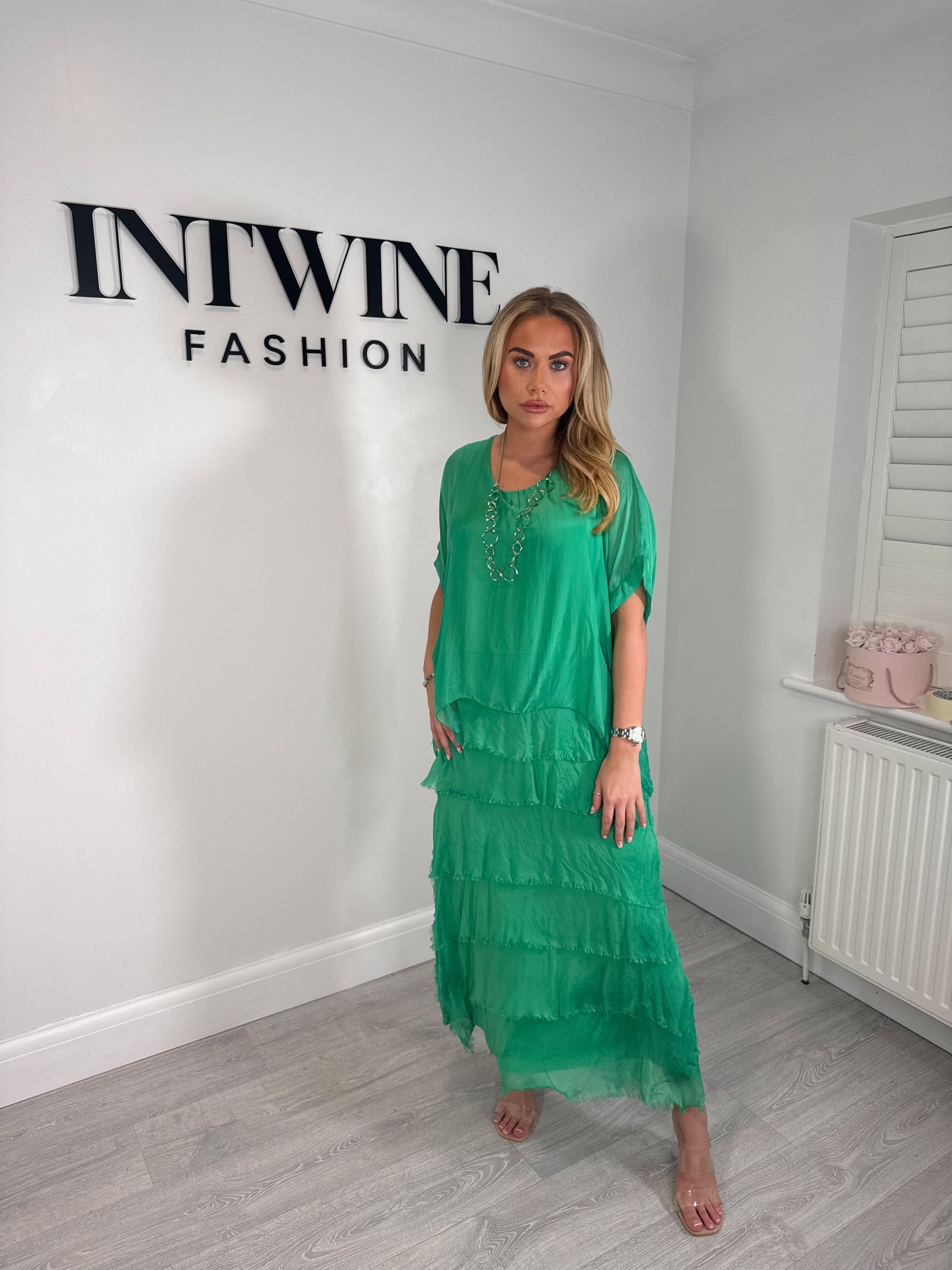 Kerry silk mix ruffle dress with blouson top