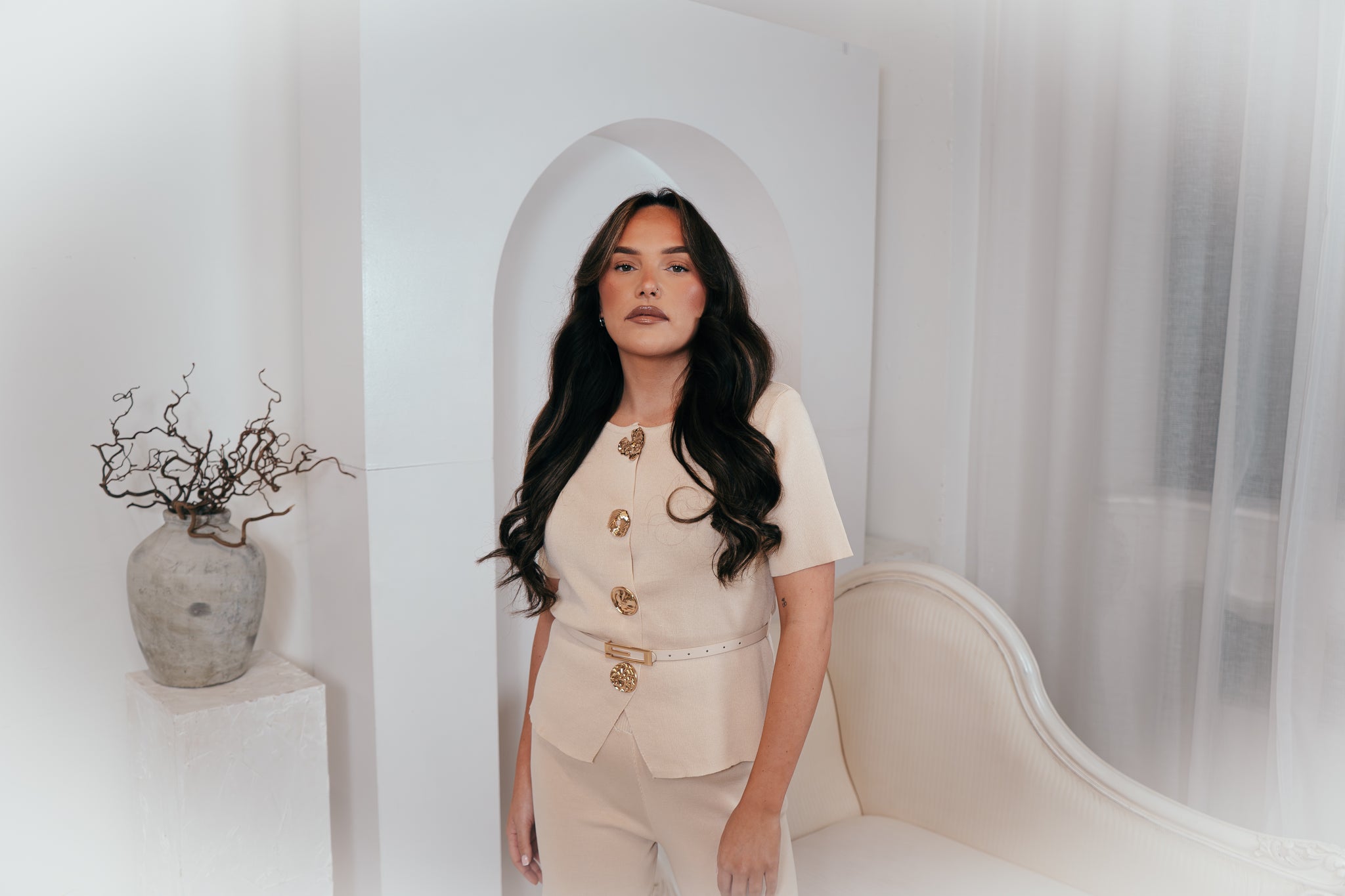 KHLOE Soft Trouser Co-Ord With Belt & Gold Button detailing