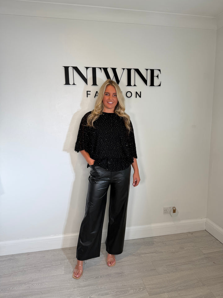 Pu leather drawstring flared trousers