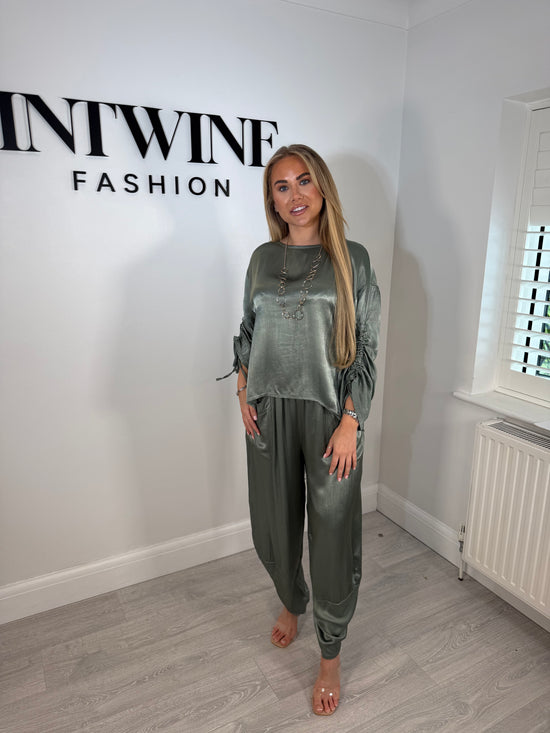 Jade Ruched Arm Satin Feel Harem Trouser Set