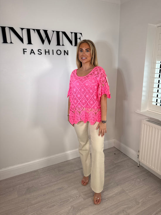 Lorna Pink Neon Crochet Top With Vest Insert