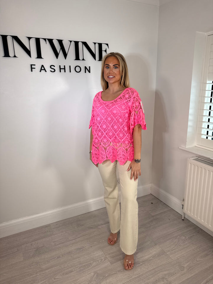 Lorna Pink Neon Crochet Top With Vest Insert