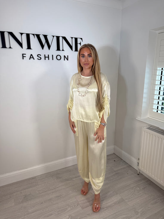 Jade Ruched Arm Satin Feel Harem Trouser Set