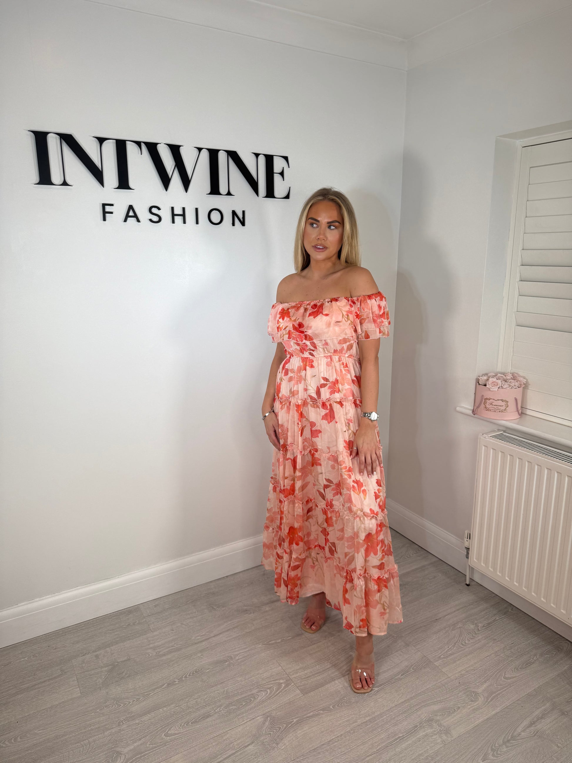 Frankie floral long lined bardot style dress