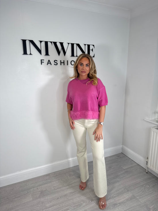 Short sleeve faux fur hem jumper super soft knit