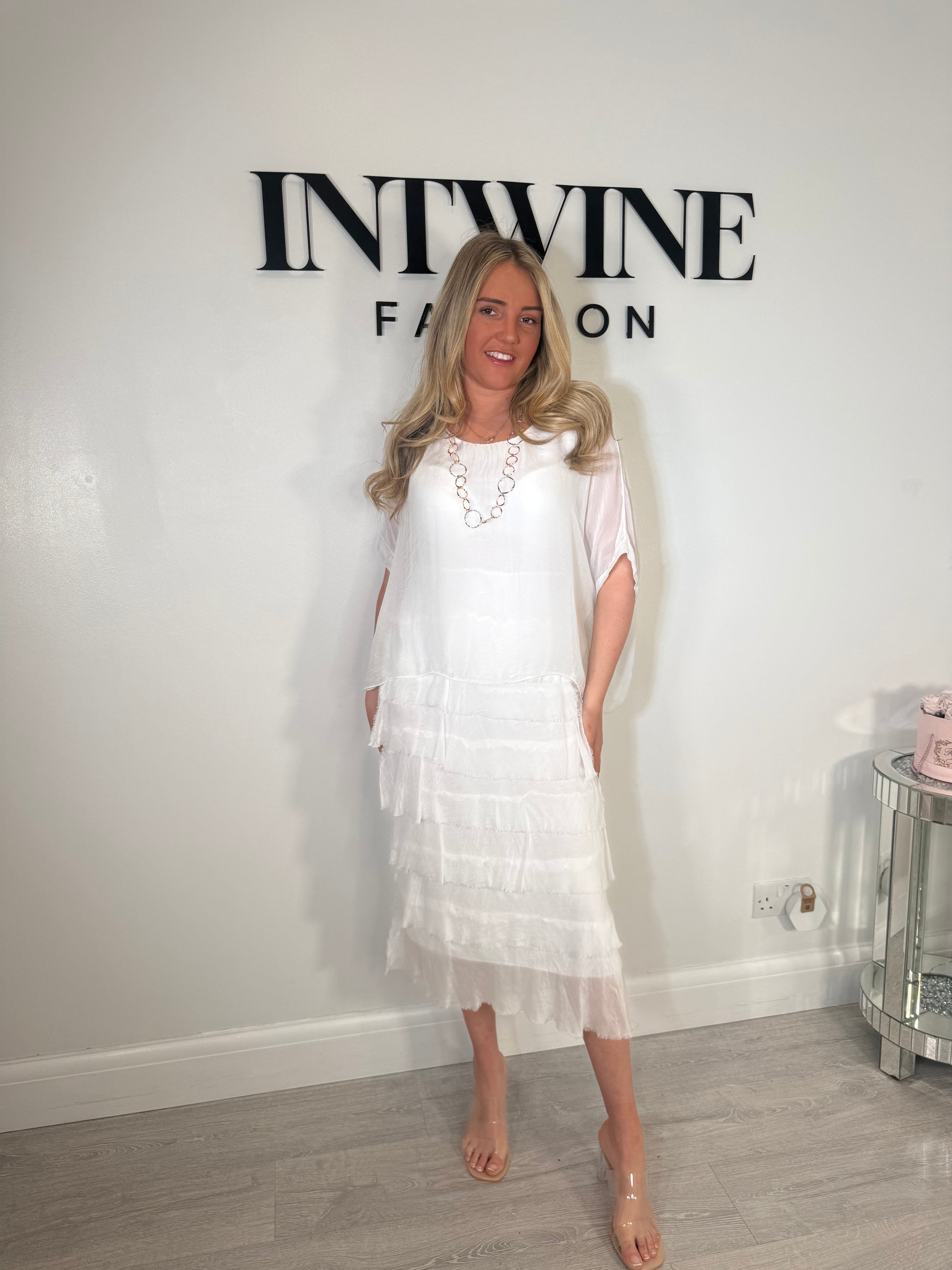 Kylie Petite Short Blouson Top Silk Ruffle Dress