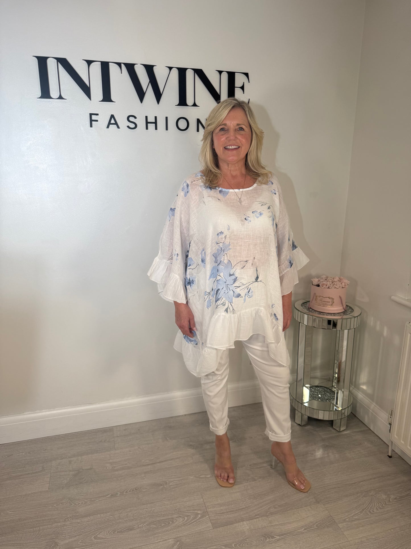 Lizzy linen frill arm patterned blouse