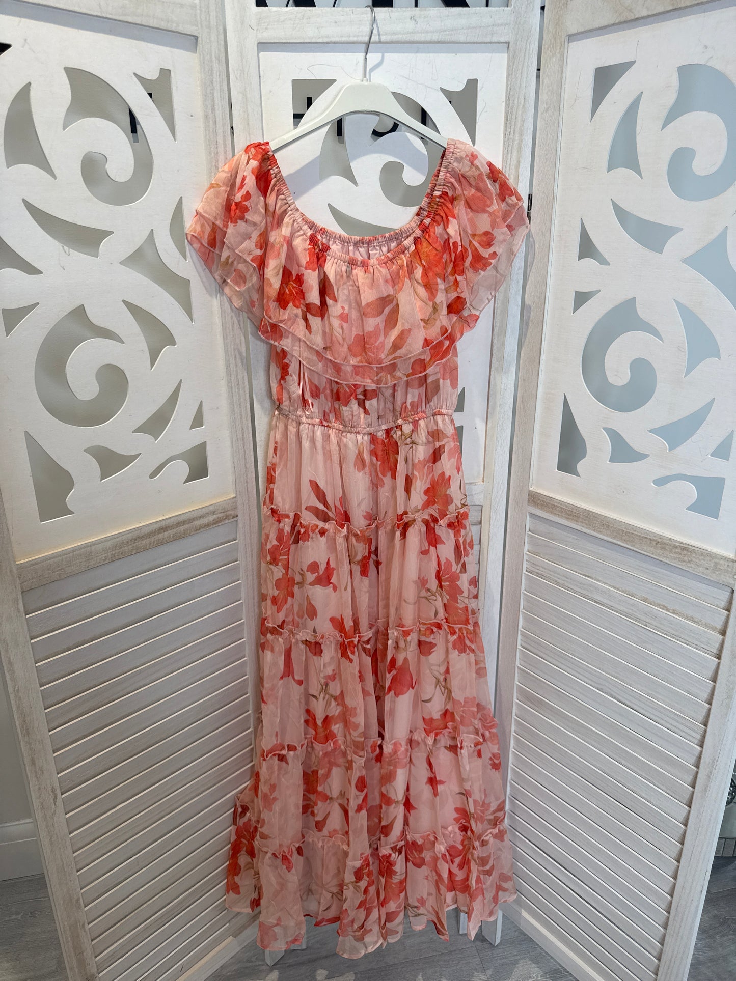 Frankie floral long lined bardot style dress