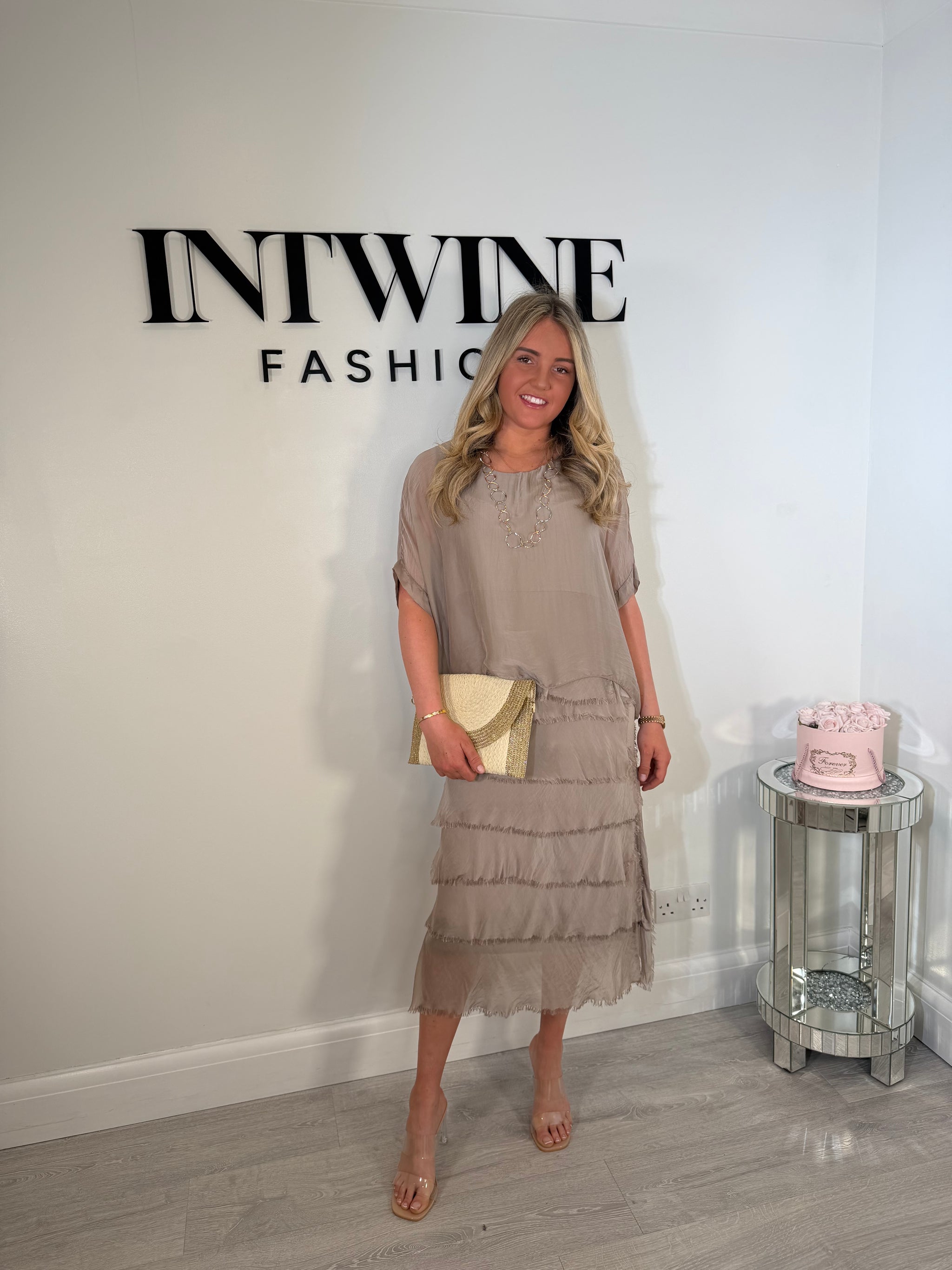 Kylie Petite Short Blouson Top Silk Ruffle Dress