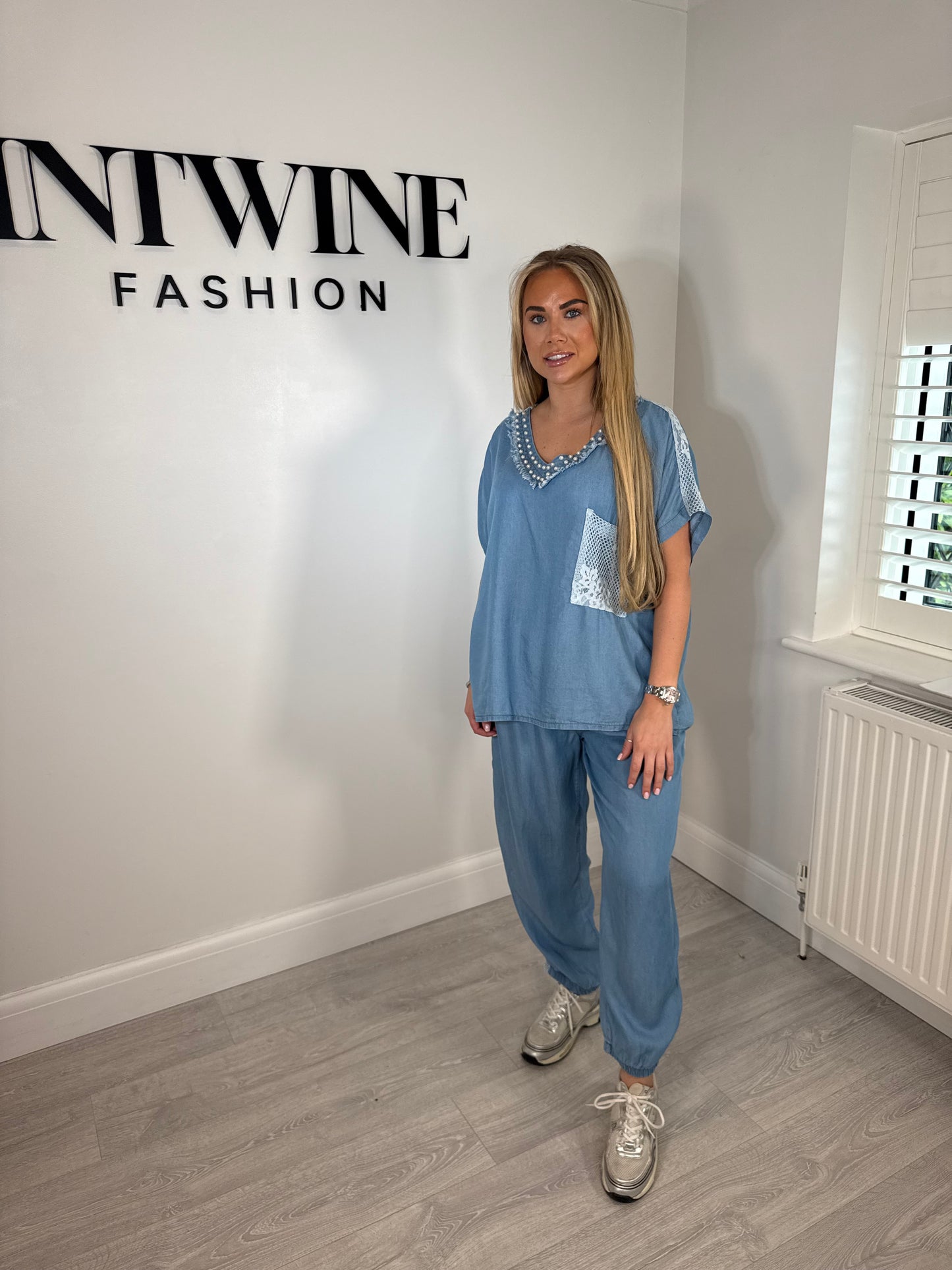 Delilah denim pearl trouser coord