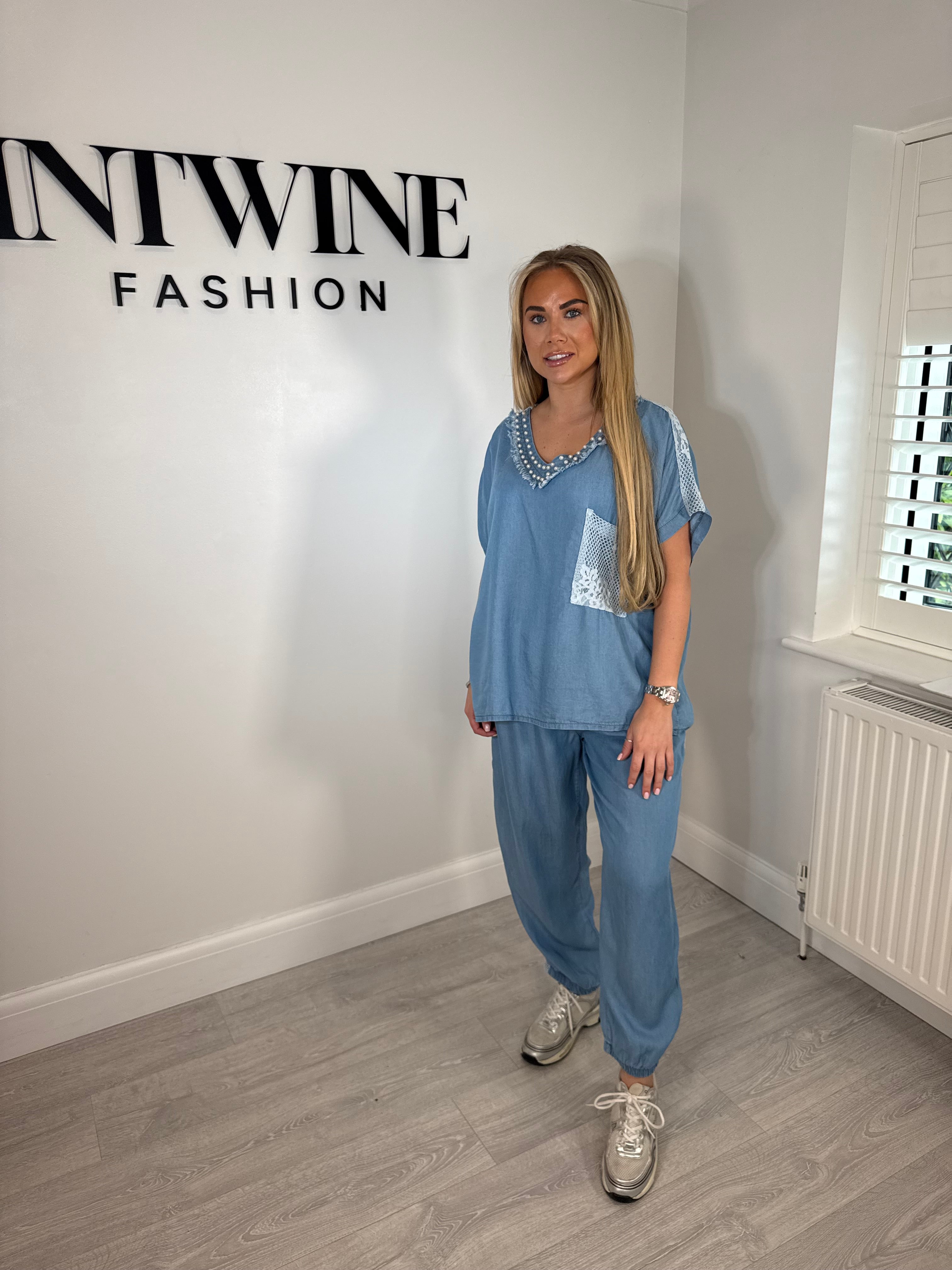 Delilah denim pearl trouser coord