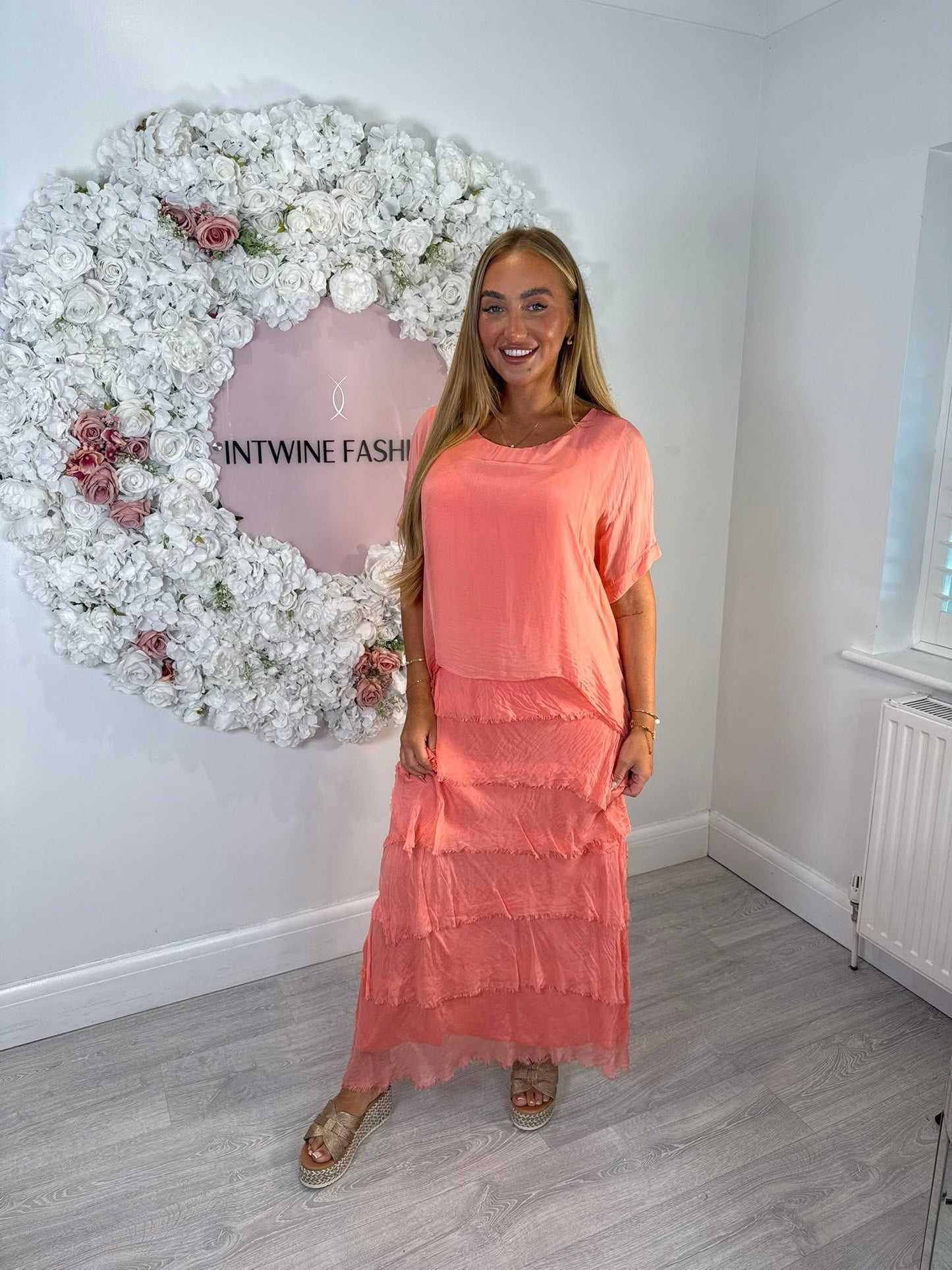 Kerry silk mix ruffle dress with blouson top