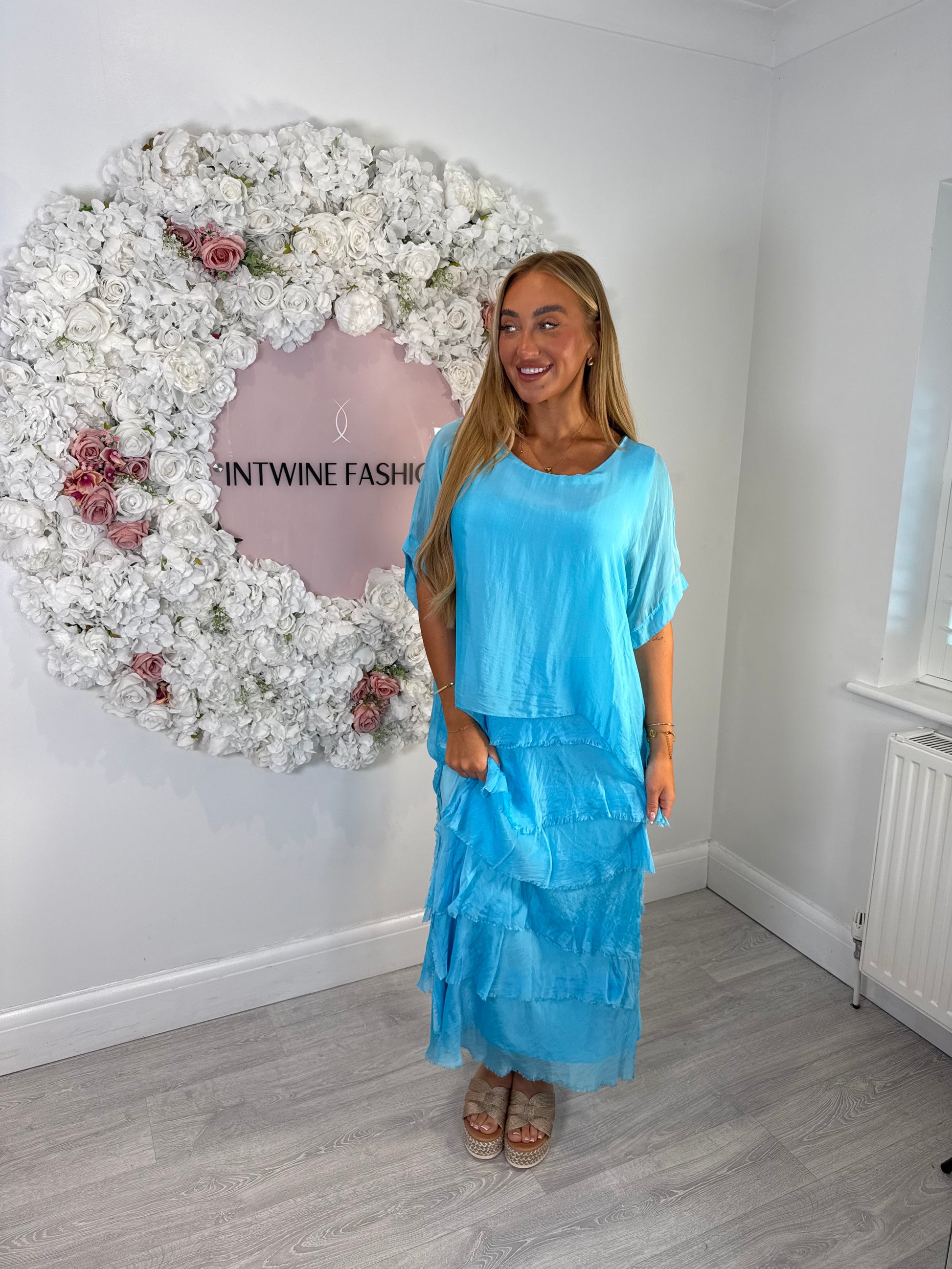 Kerry silk mix ruffle dress with blouson top