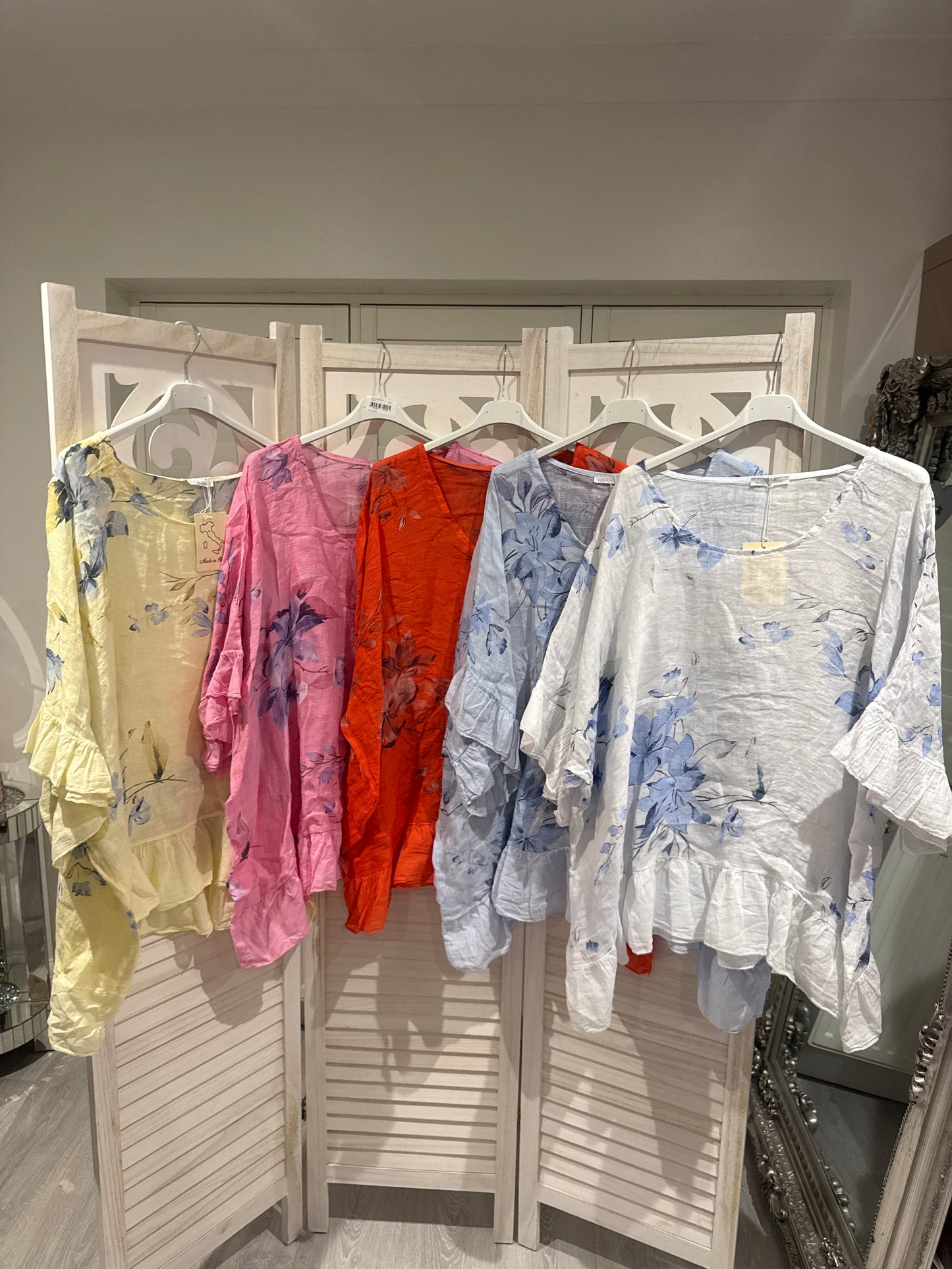 Lizzy linen frill arm patterned blouse