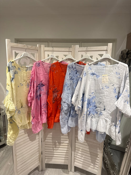 Lizzy linen frill arm patterned blouse