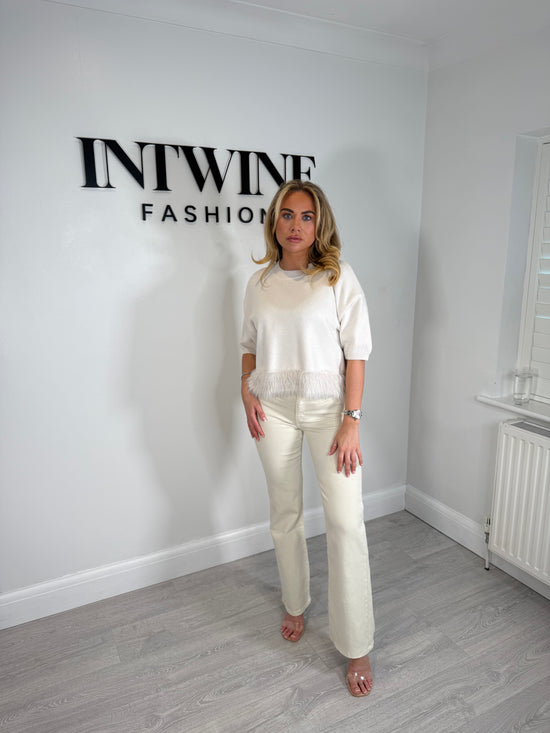 Short sleeve faux fur hem jumper super soft knit