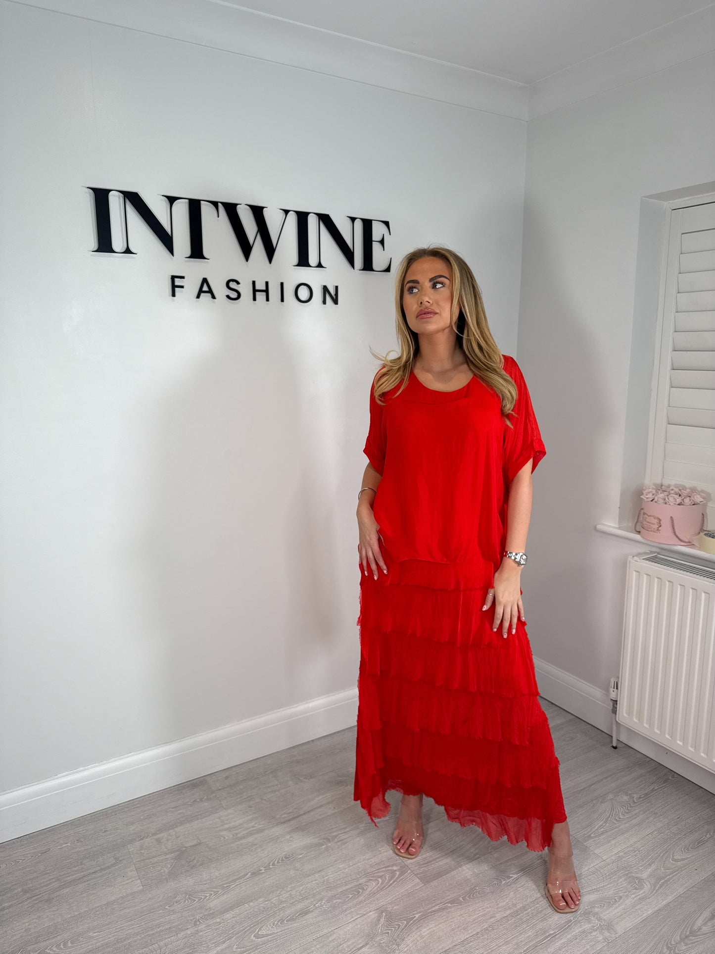 Kerry silk mix ruffle dress with blouson top