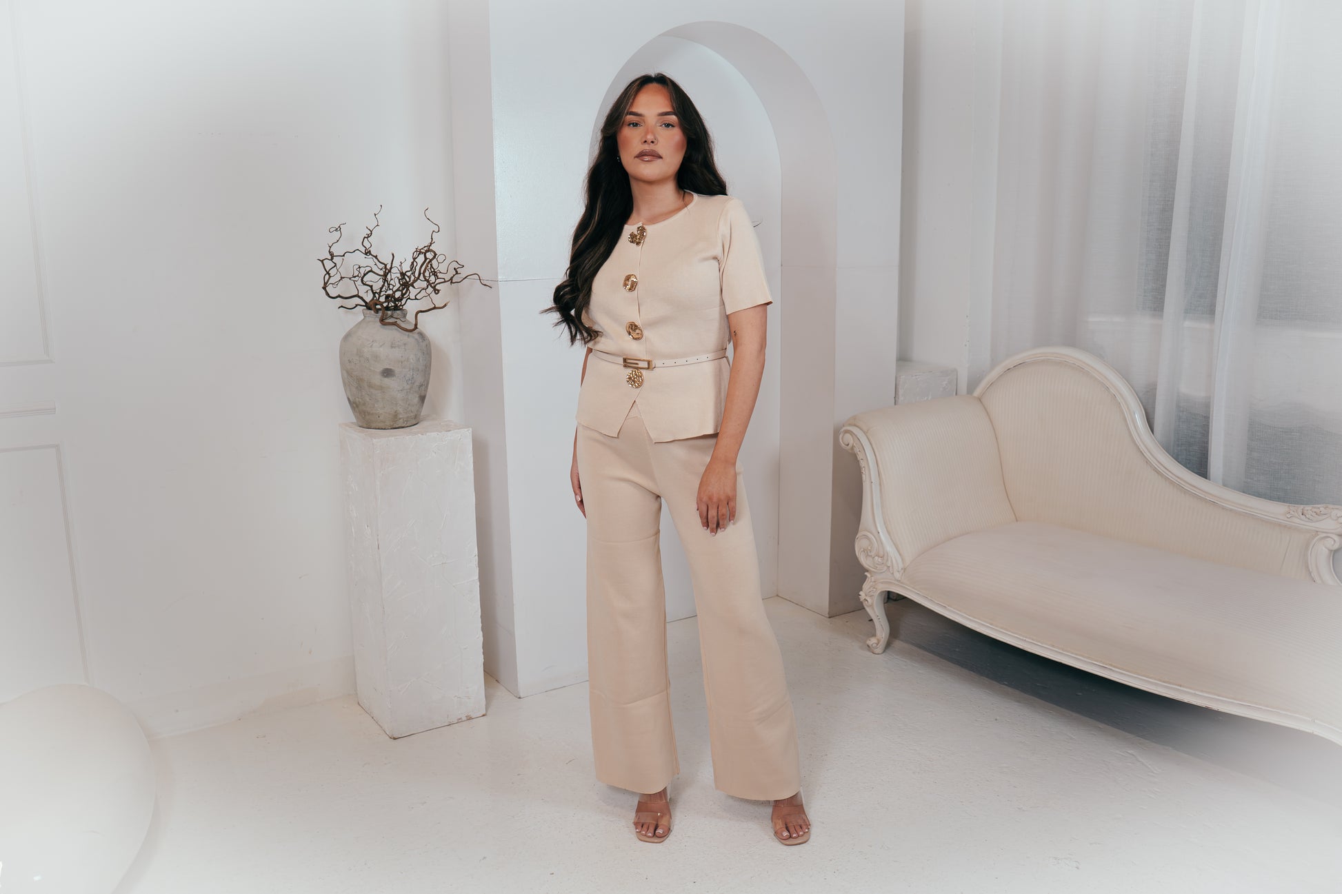 KHLOE Soft Trouser Co-Ord With Belt & Gold Button detailing