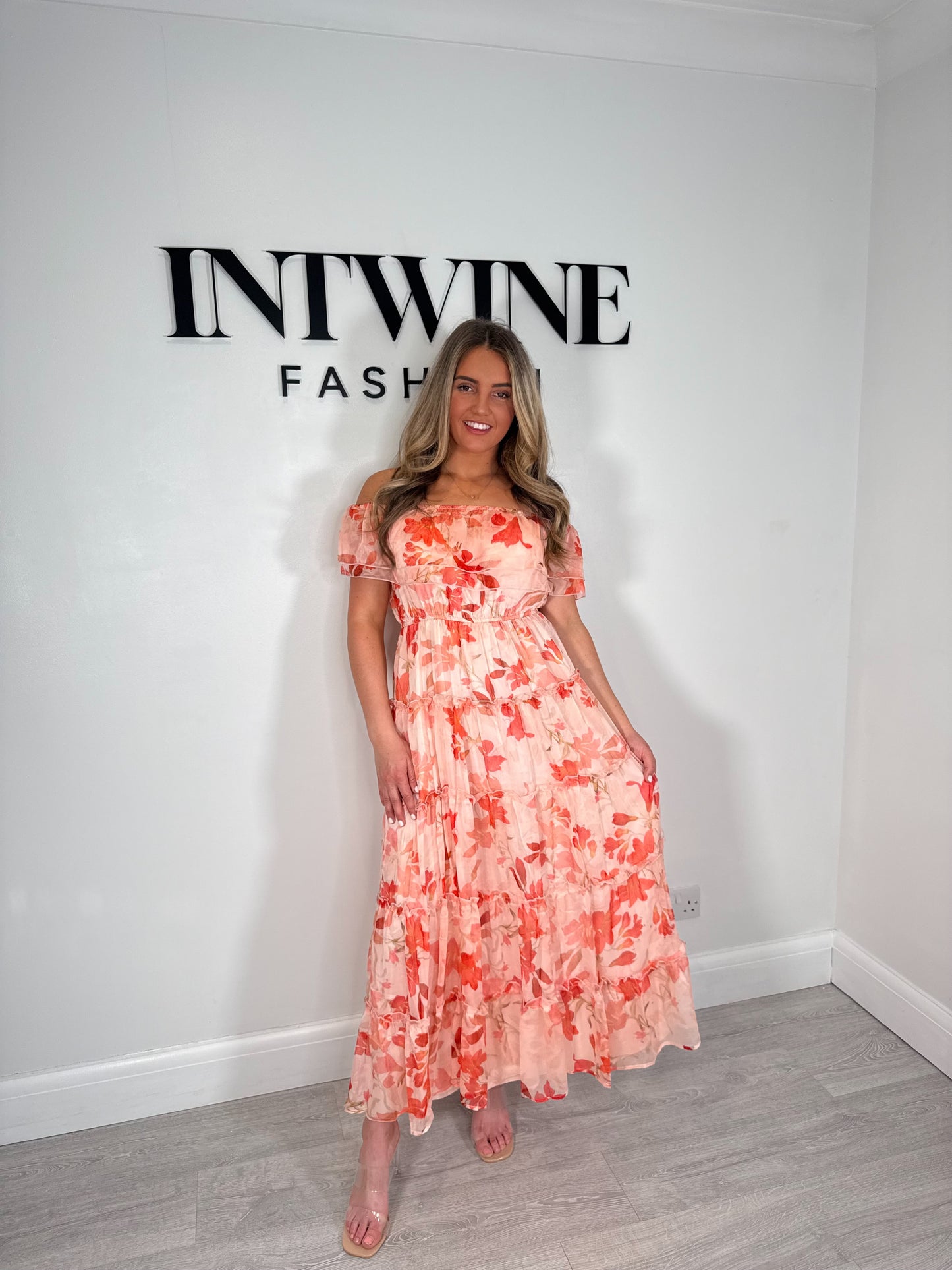 Frankie floral long lined bardot style dress