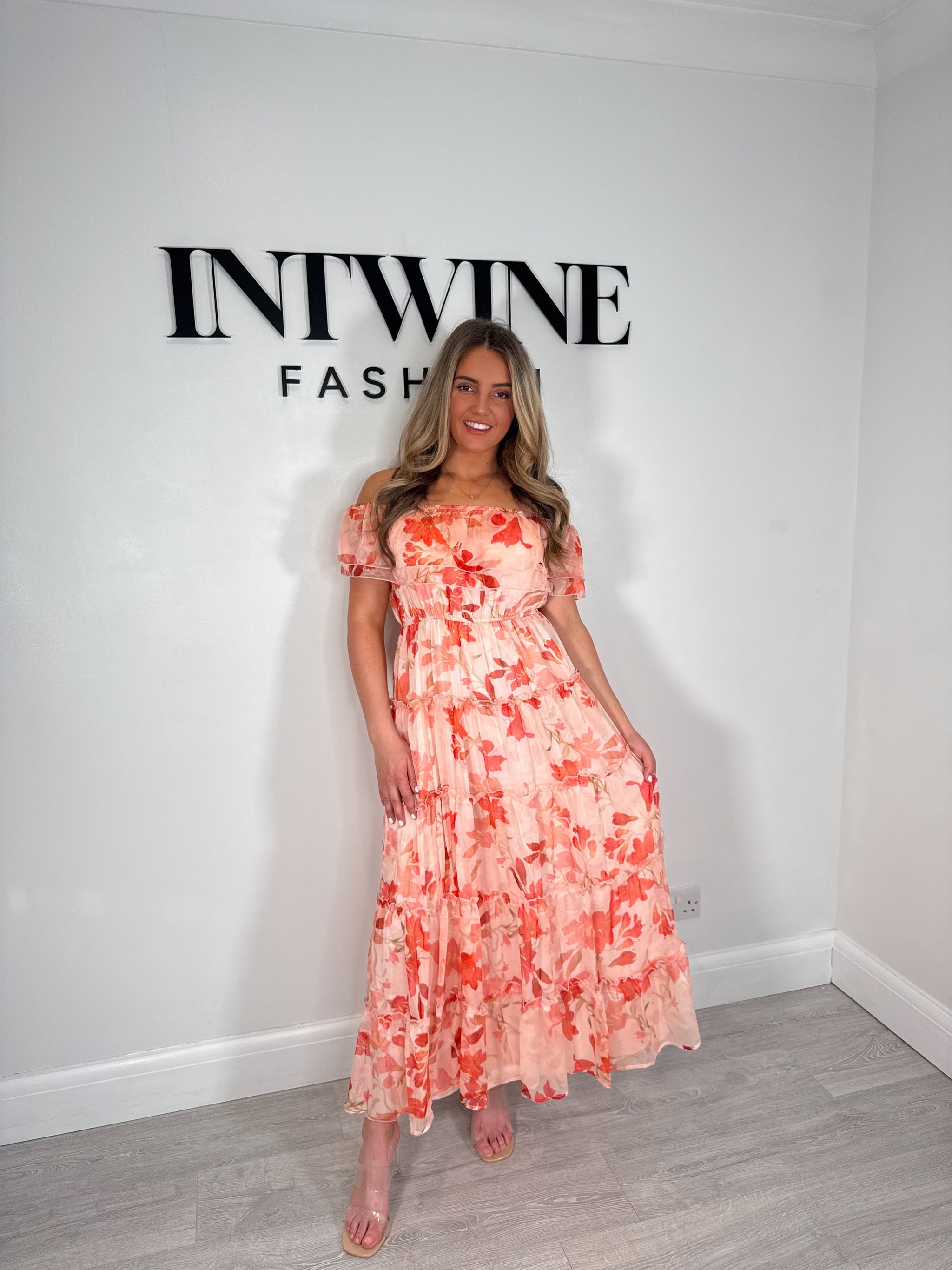 Frankie floral long lined bardot style dress