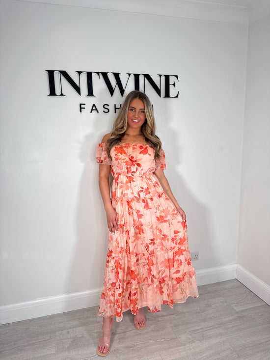 Frankie floral long lined bardot style dress