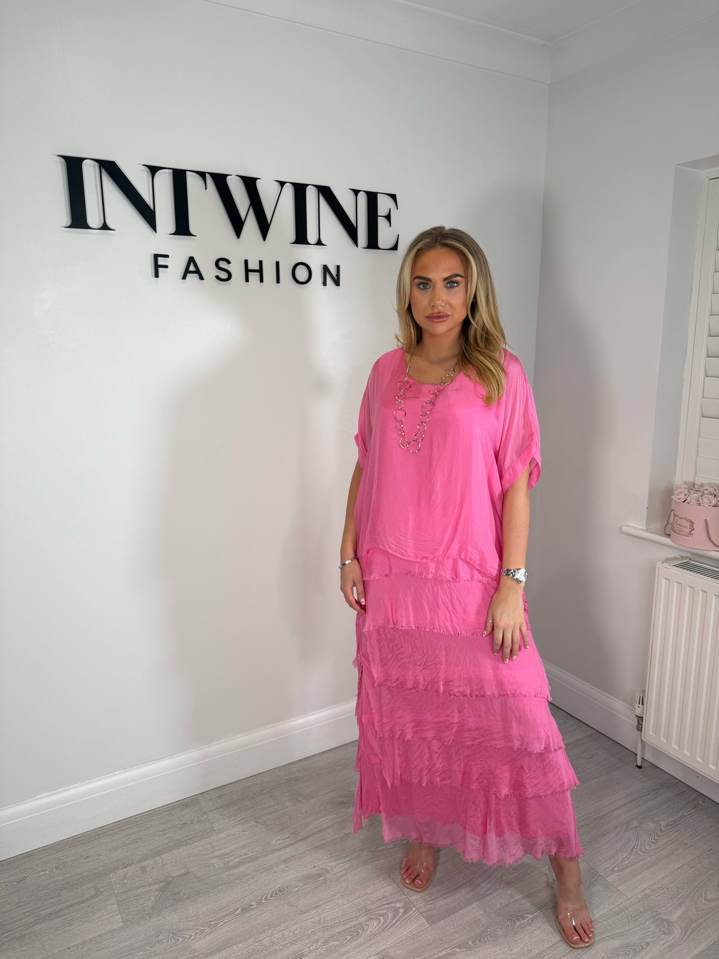 Kerry silk mix ruffle dress with blouson top