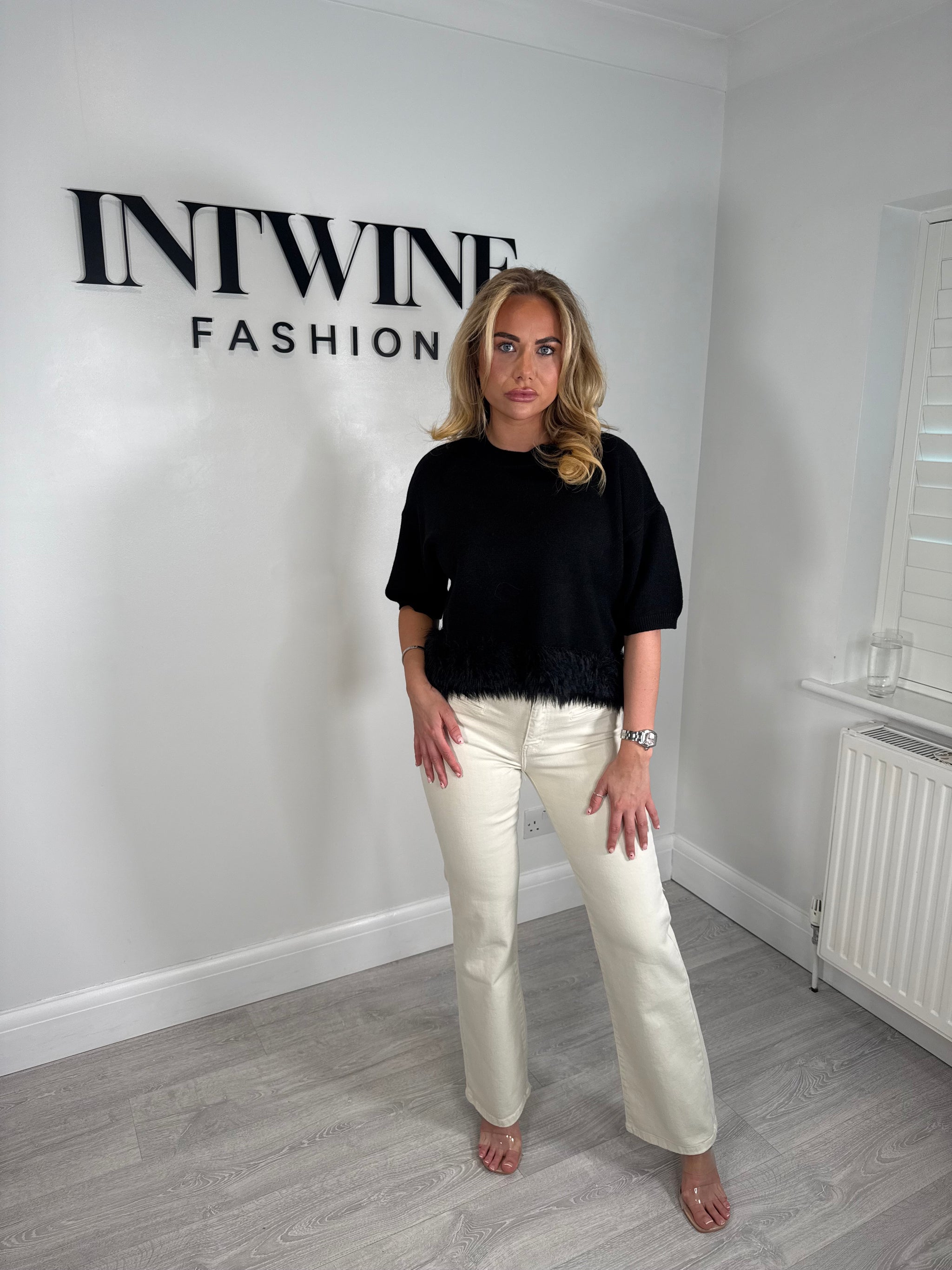 Short sleeve faux fur hem jumper super soft knit