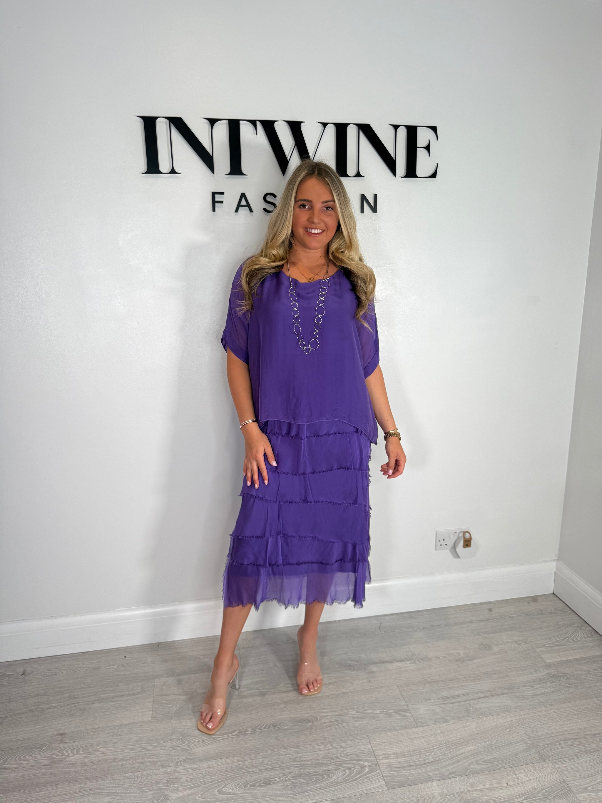 Kylie Petite Short Blouson Top Silk Ruffle Dress