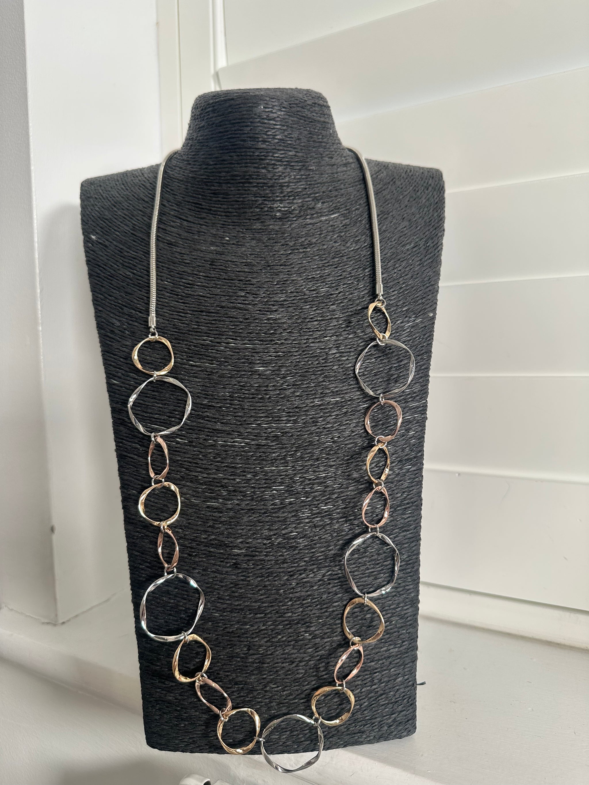 NATASHA CIRCLE RINGED LONG NECKLACE as worn with Kerry dress