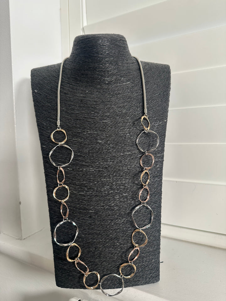 NATASHA CIRCLE RINGED LONG NECKLACE as worn with Kerry dress