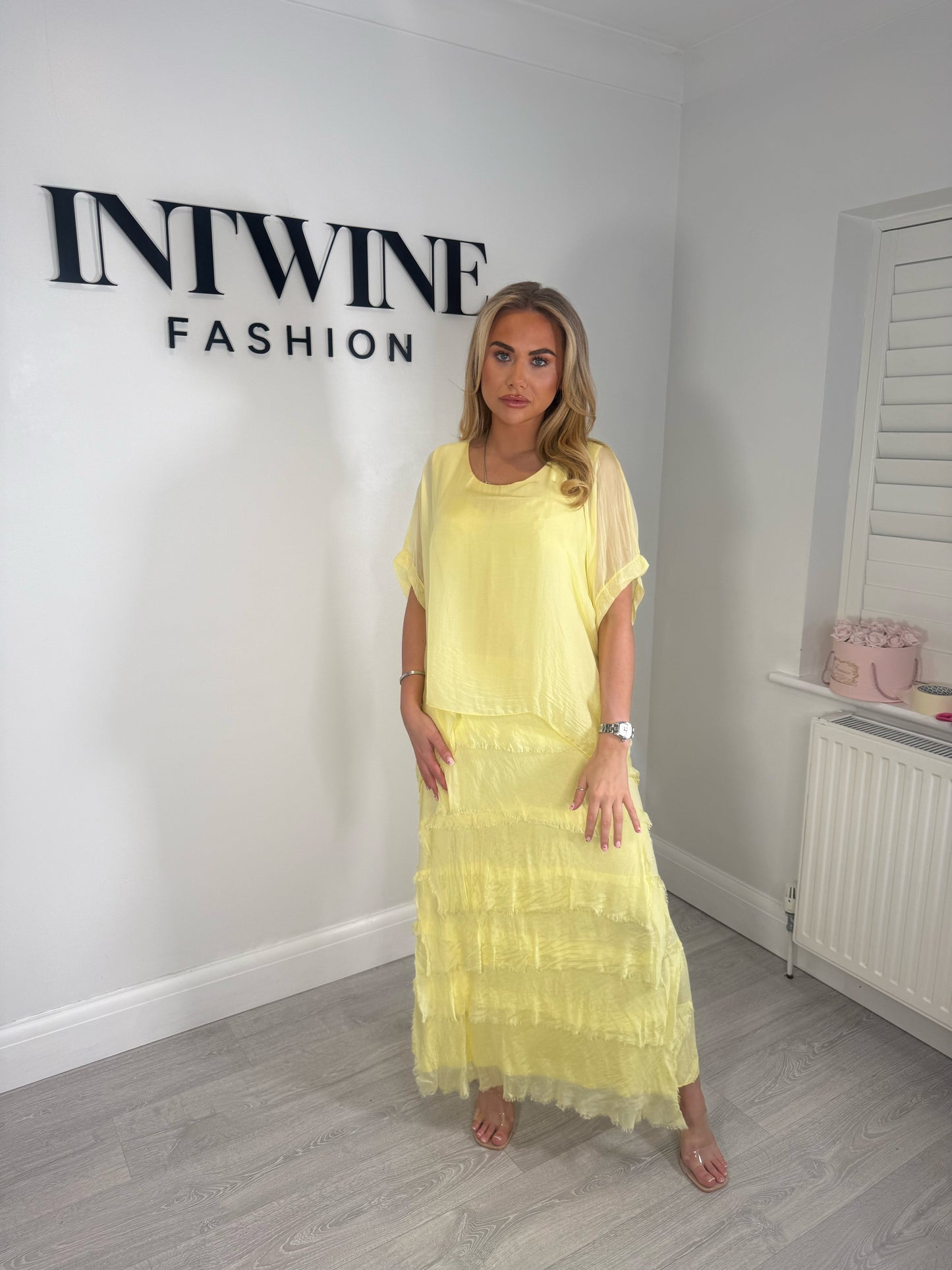 Kerry silk mix ruffle dress with blouson top