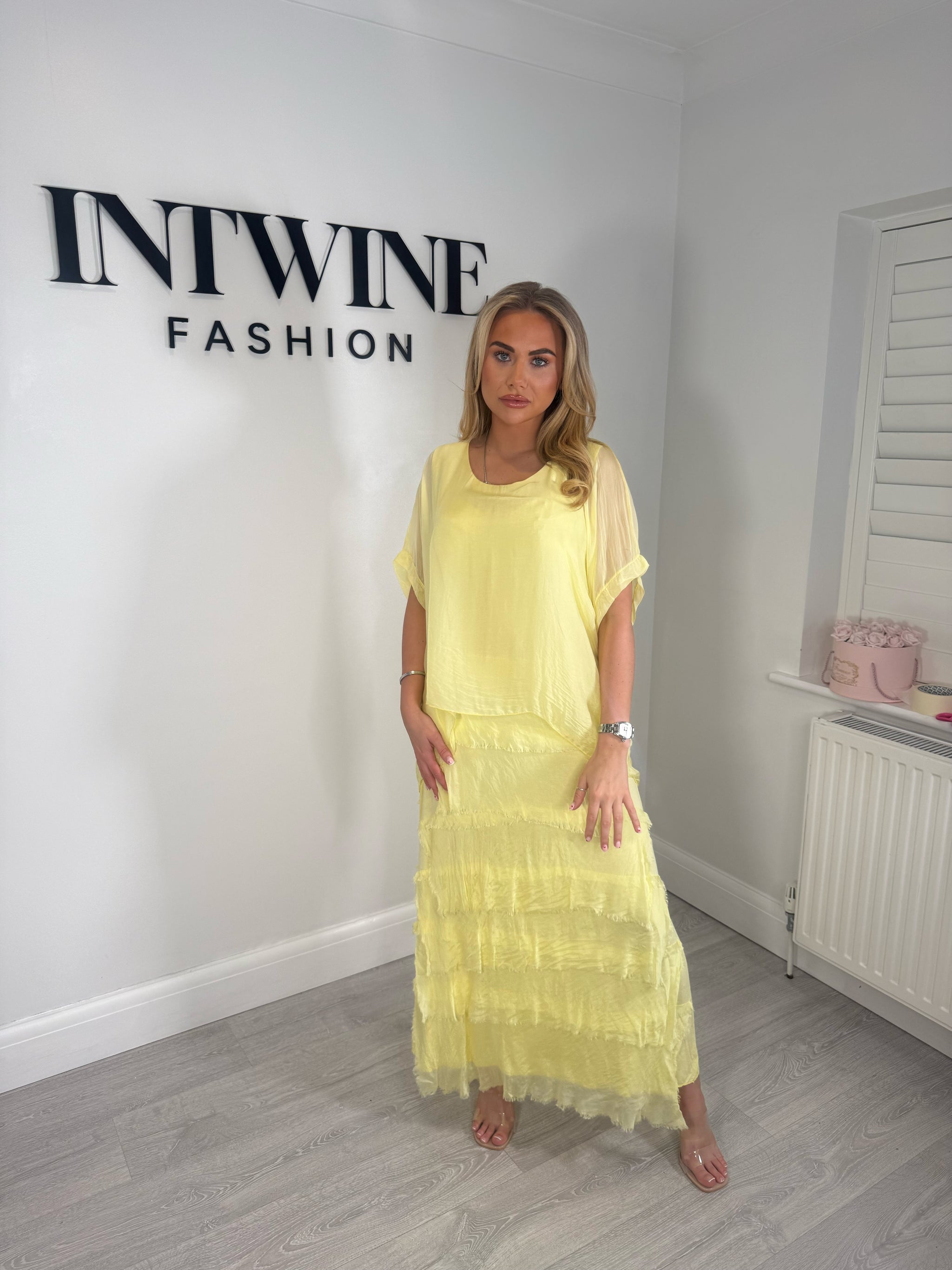 Kerry silk mix ruffle dress with blouson top