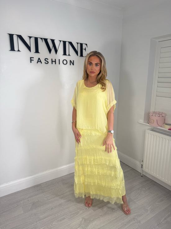 Kerry silk mix ruffle dress with blouson top