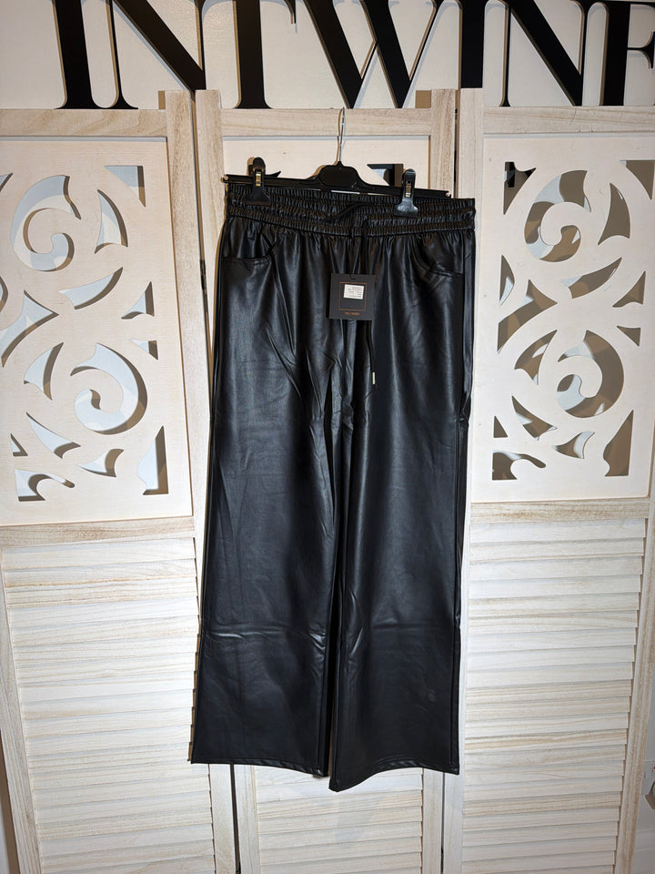 Pu leather drawstring flared trousers