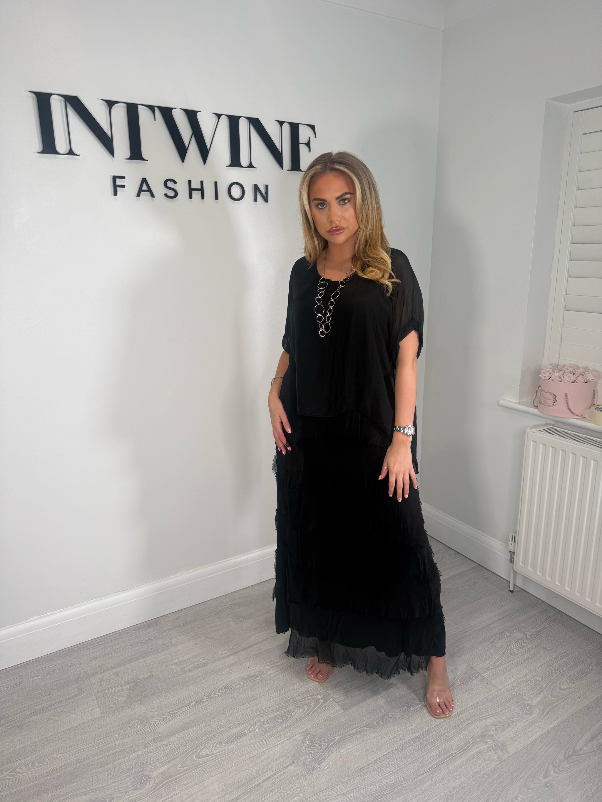 Kerry silk mix ruffle dress with blouson top