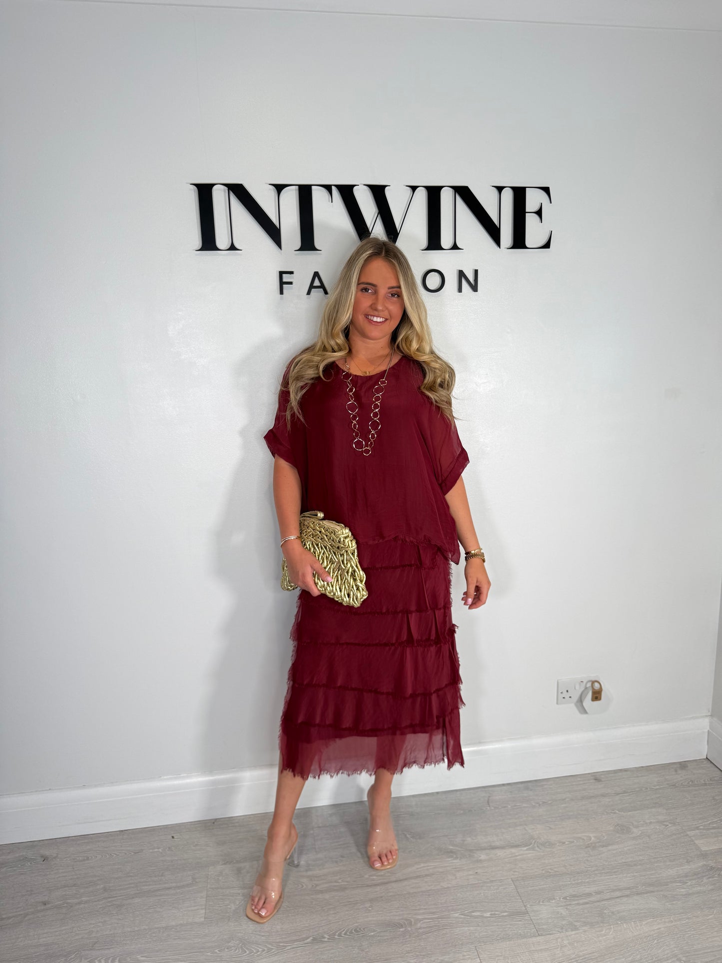 Kylie Petite Short Blouson Top Silk Ruffle Dress