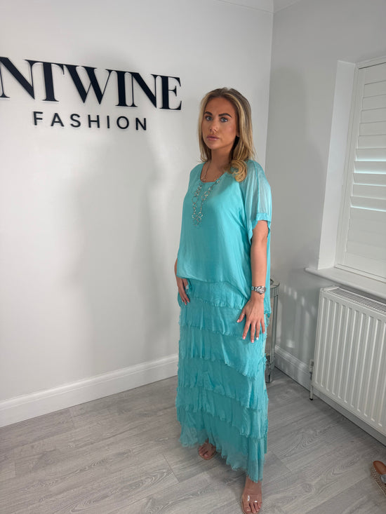 Kerry silk mix ruffle dress with blouson top