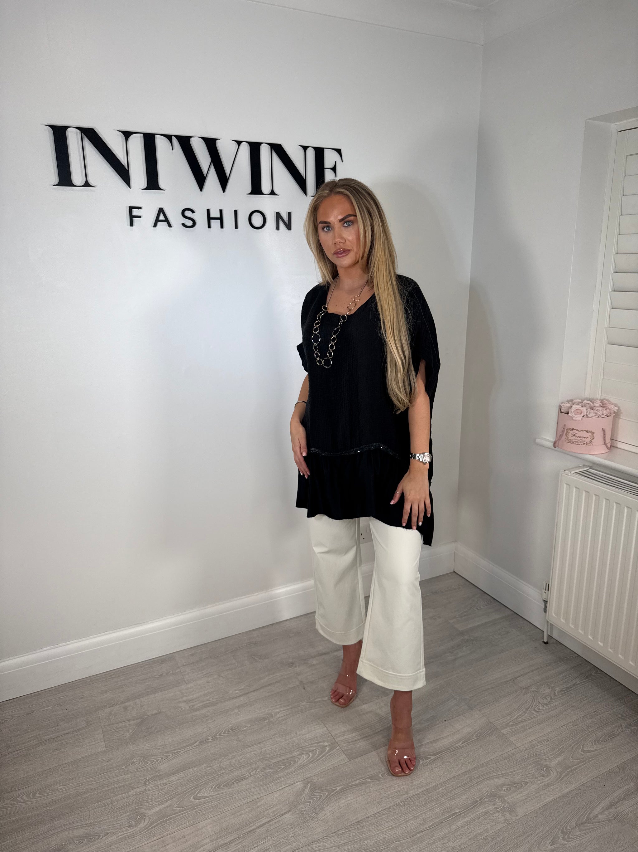 ISOBEL TENCEL AND VISCOSE FRILL TOP WITH SEQUINS