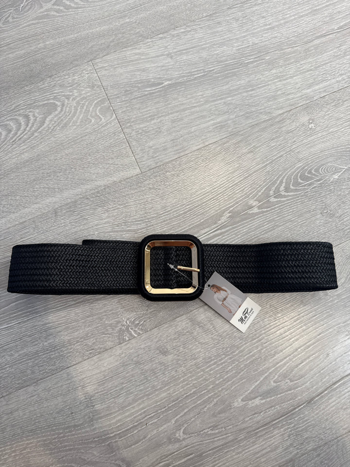 Black stretch gold buckle belt