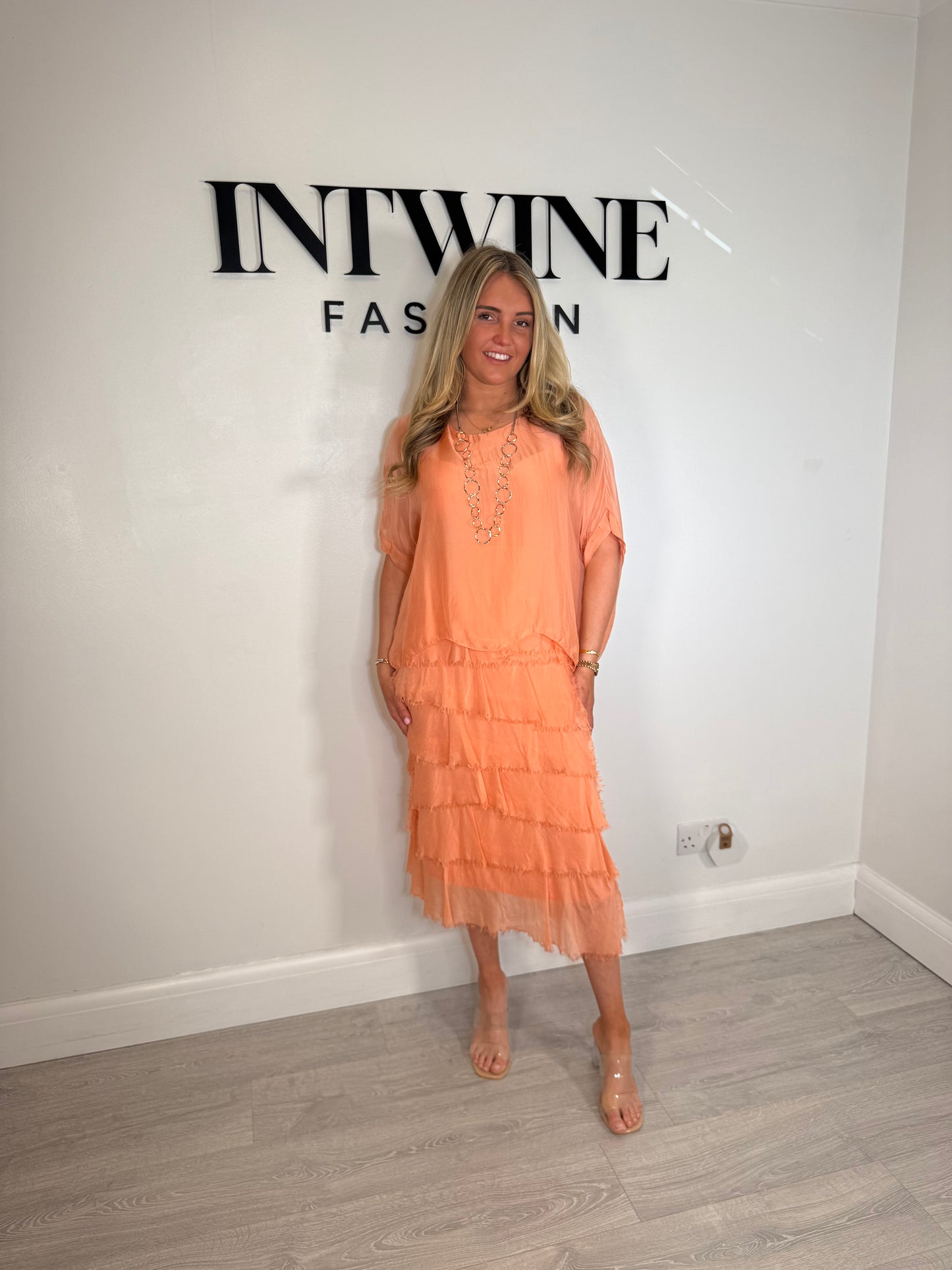 Kylie Petite Short Blouson Top Silk Ruffle Dress