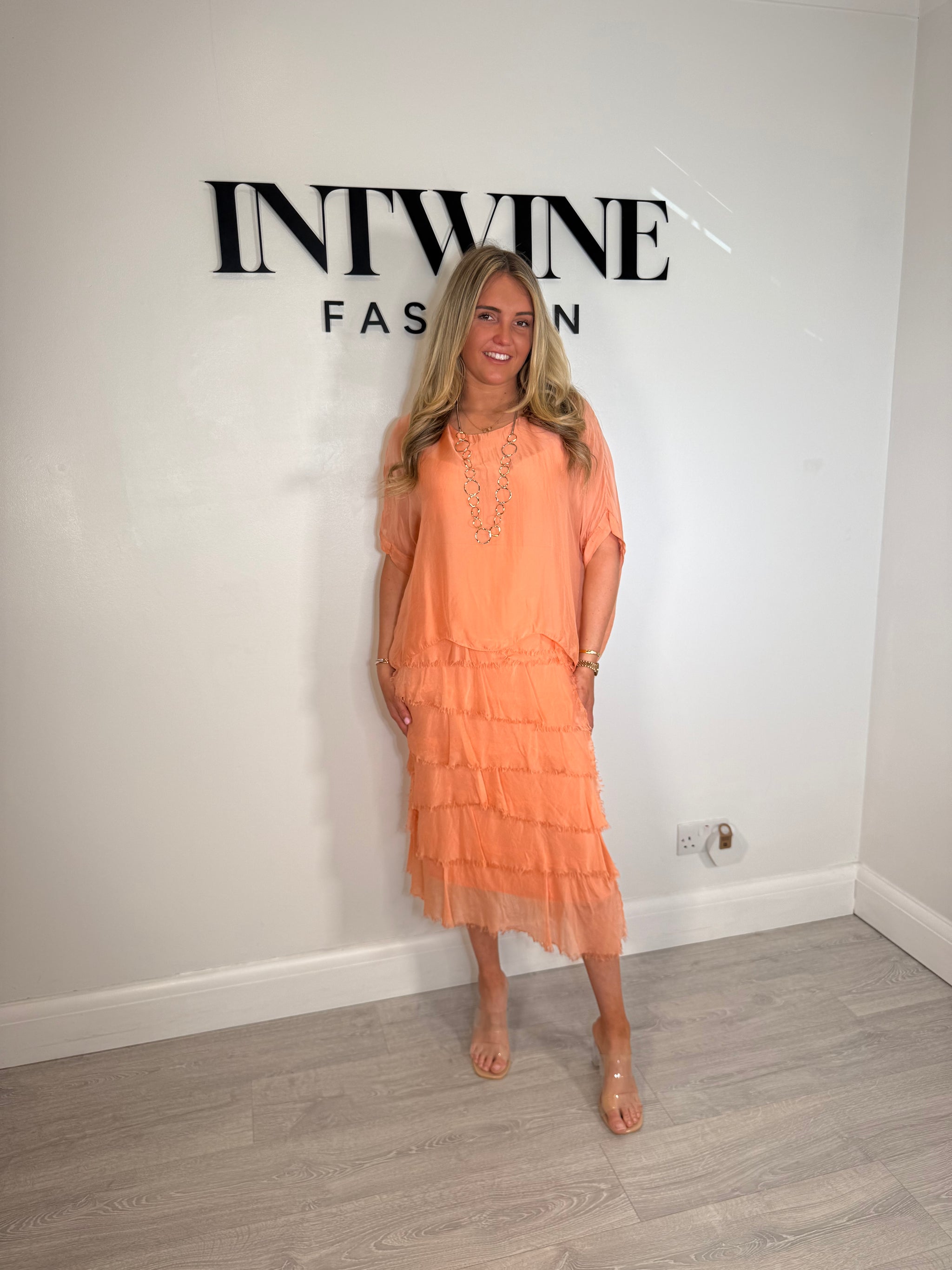 Kylie Petite Short Blouson Top Silk Ruffle Dress