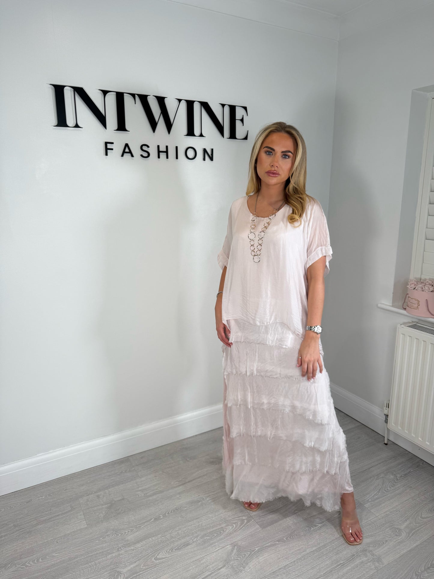 Kerry silk mix ruffle dress with blouson top