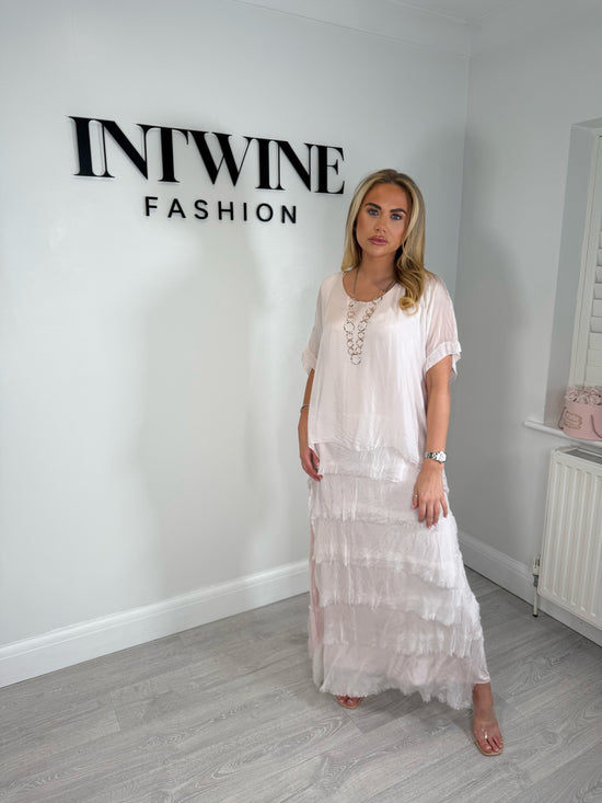 Kerry silk mix ruffle dress with blouson top