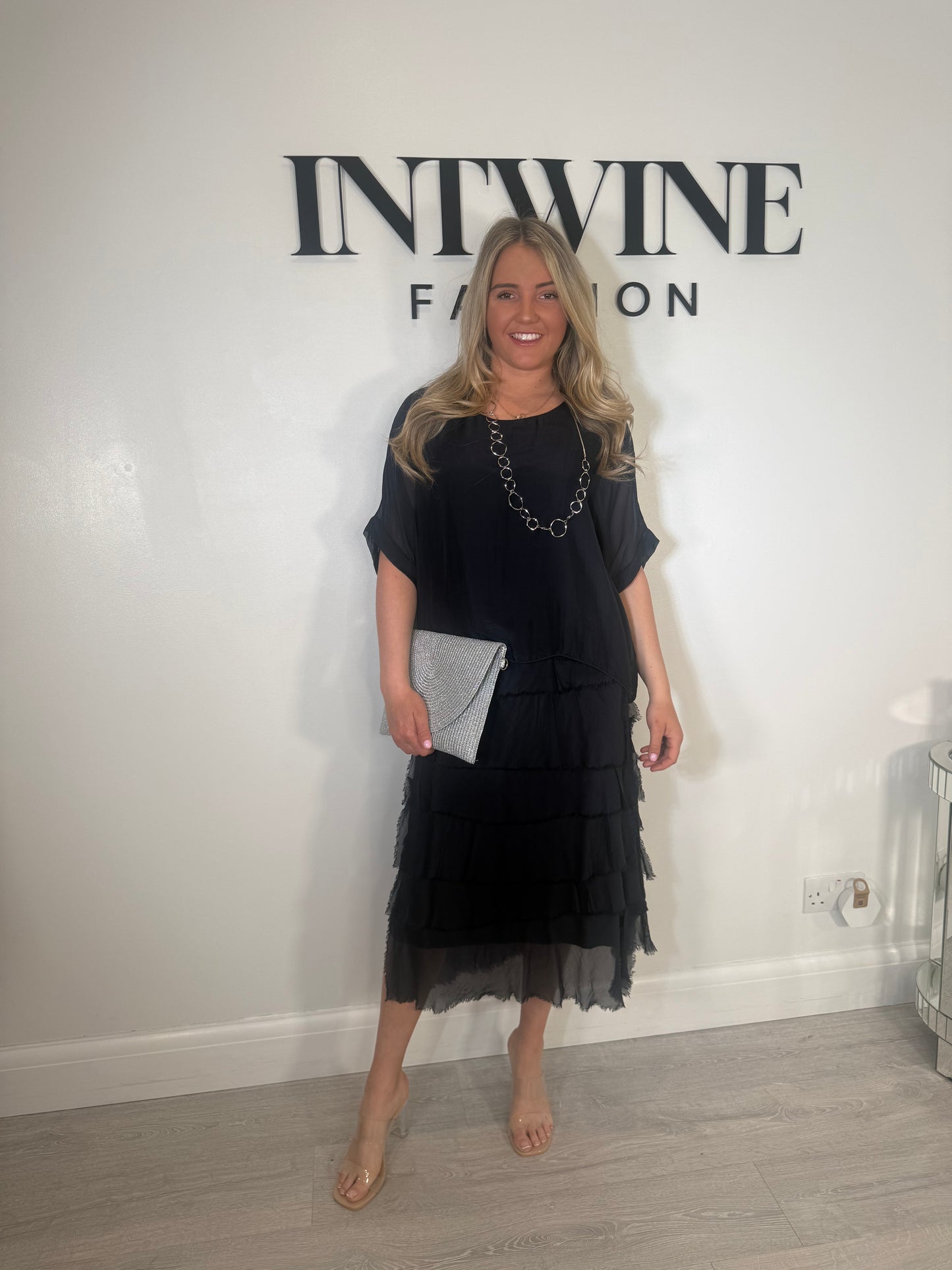 Kylie Petite Short Blouson Top Silk Ruffle Dress