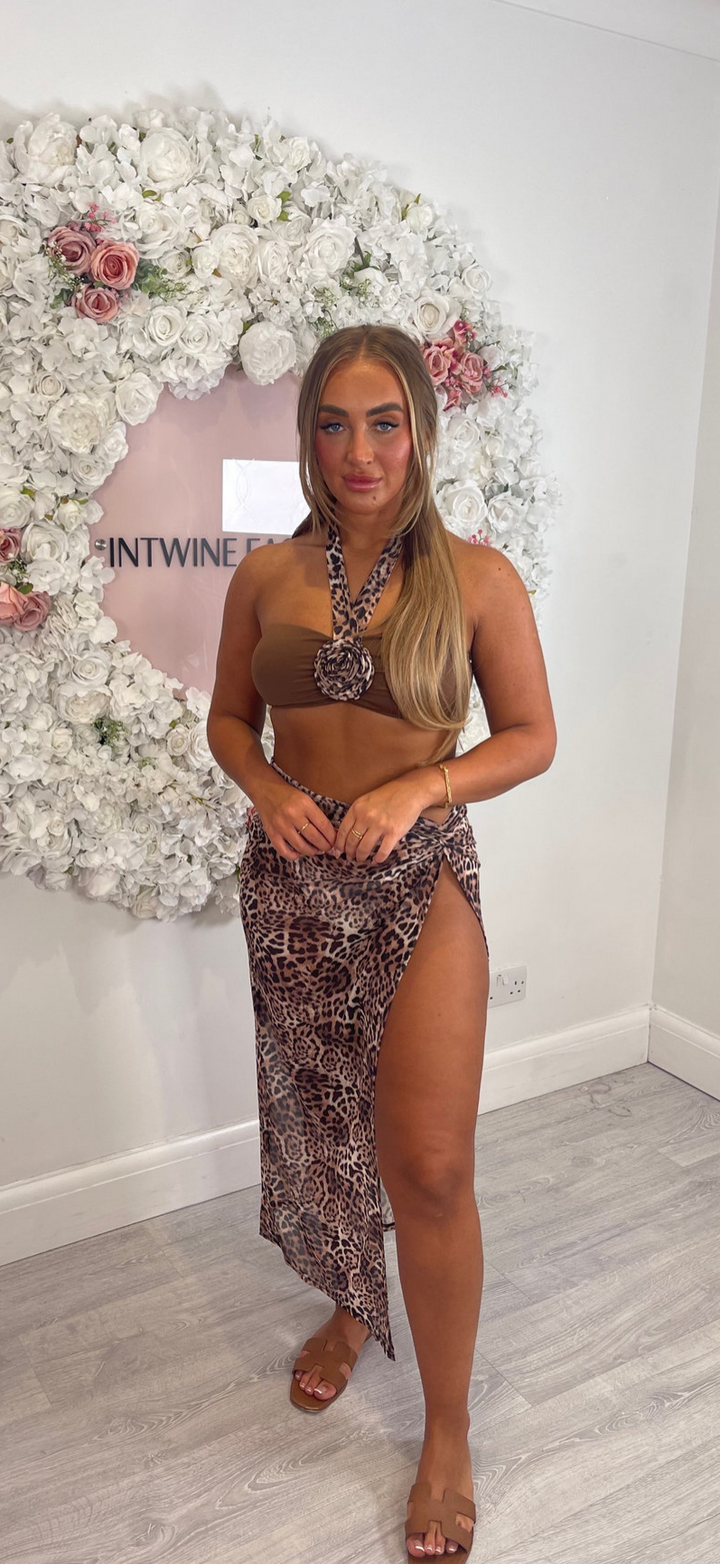 SAMMI Leopard Slit Skirt Halter Top Set