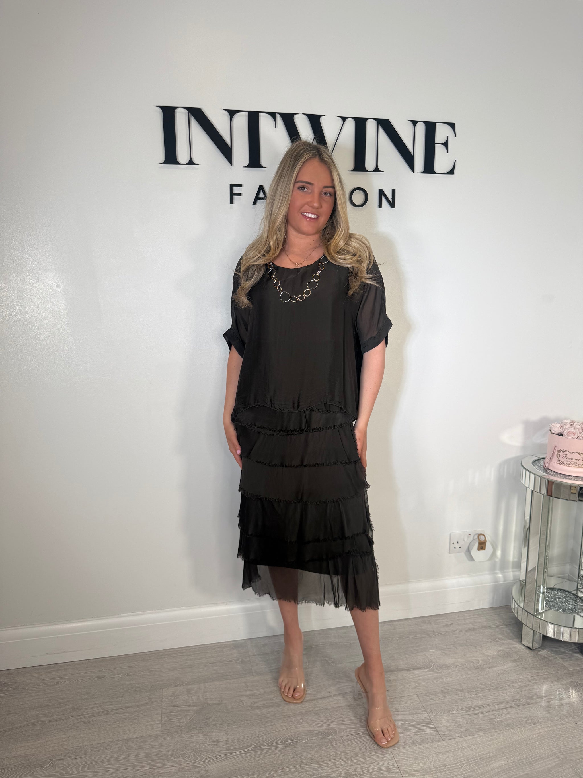 Kylie Petite Short Blouson Top Silk Ruffle Dress