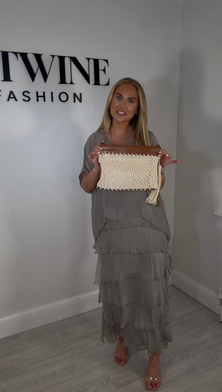 CROCHET AND BROWN LEATHER LOOK CLUTCH BAG