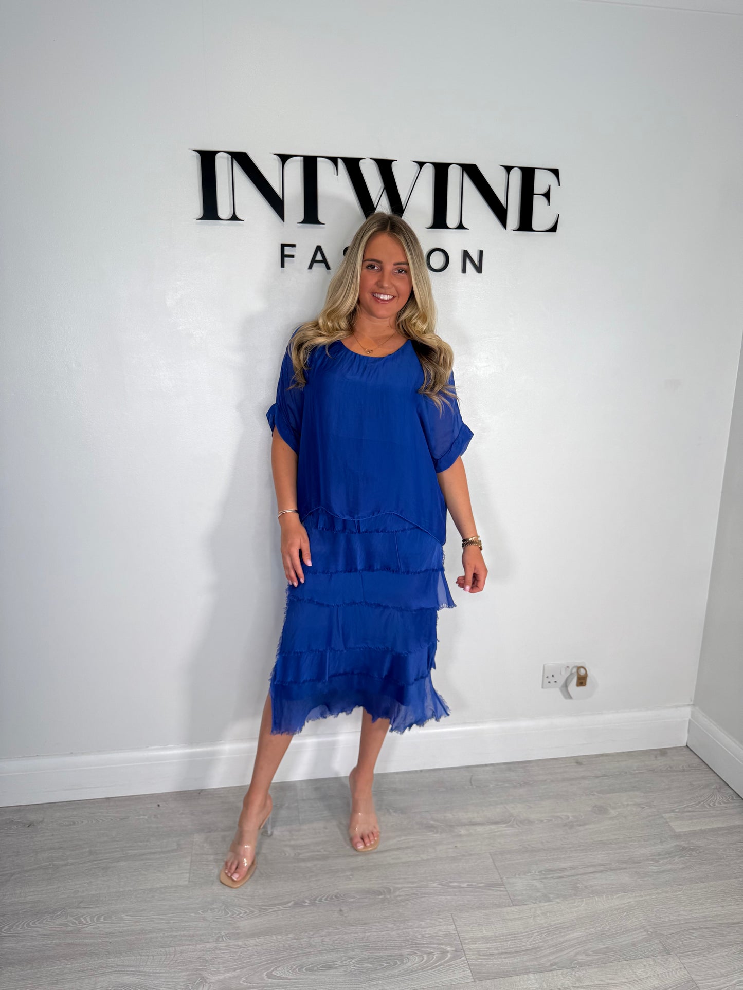 Kylie Petite Short Blouson Top Silk Ruffle Dress