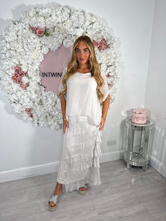 Kerry silk mix ruffle dress with blouson top